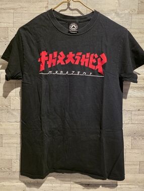 Thrasher Black Tee with Bold Red Japanese-Style Logo